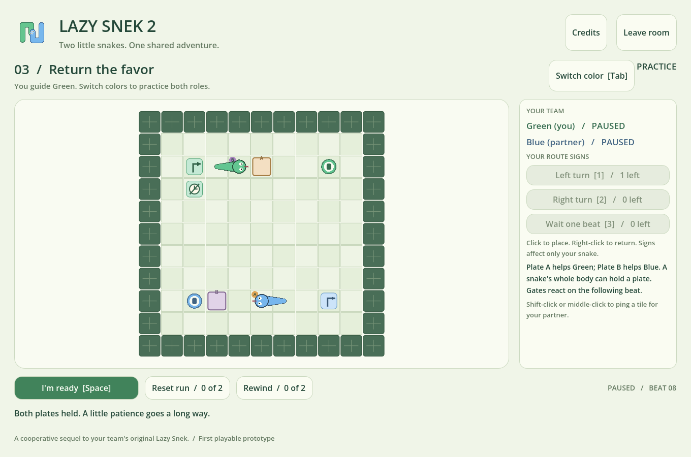 An in-game garden puzzle with Green and Blue snakes, route signs, pressure plates, and matching gates.